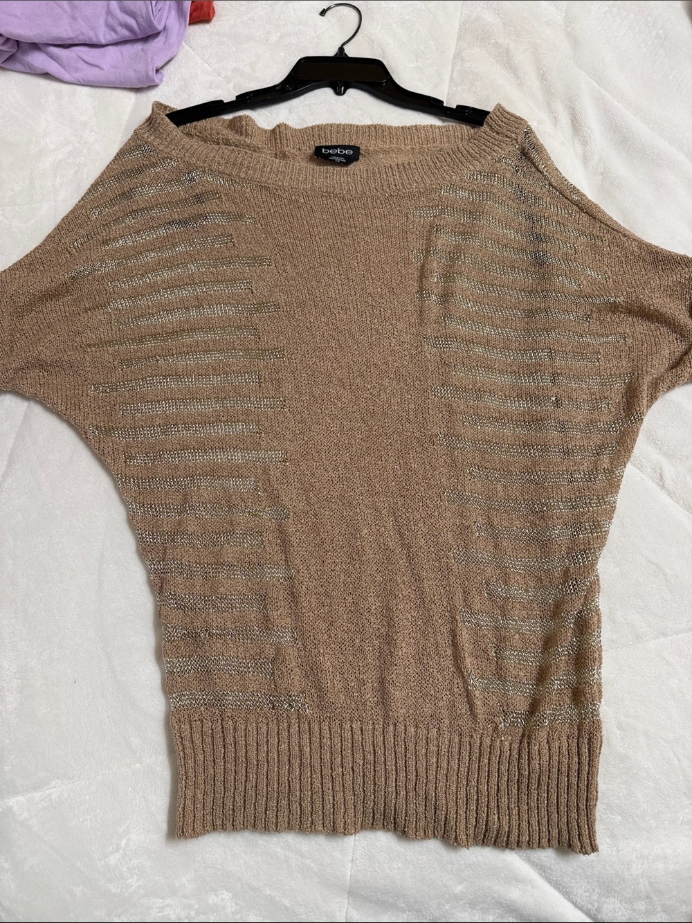 bebe Taupe Off-the-Shoulder Metallic sheer Stripe Sweater
